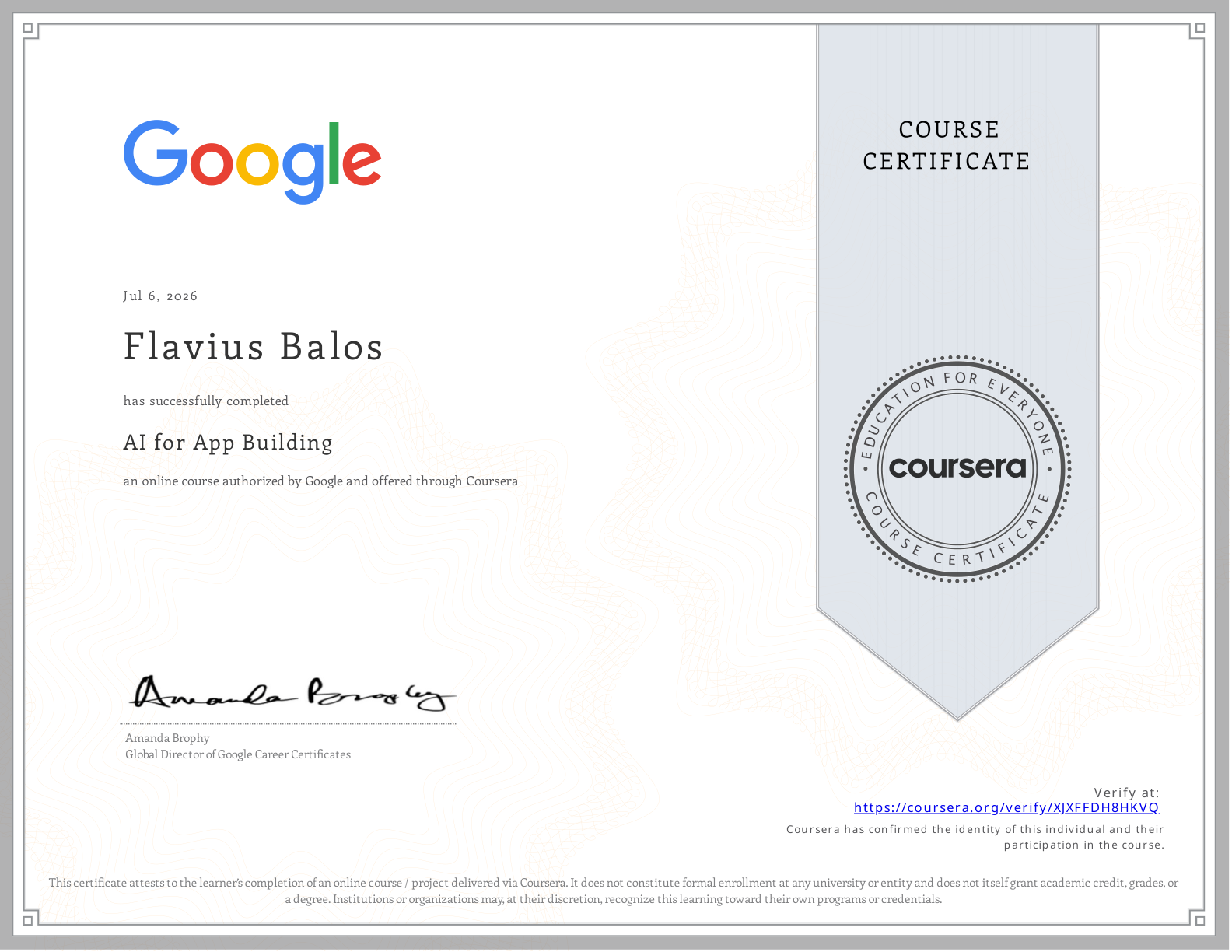 Certificat AI for App Building emis de Coursera - Flavius Balos, NextBuilders AI