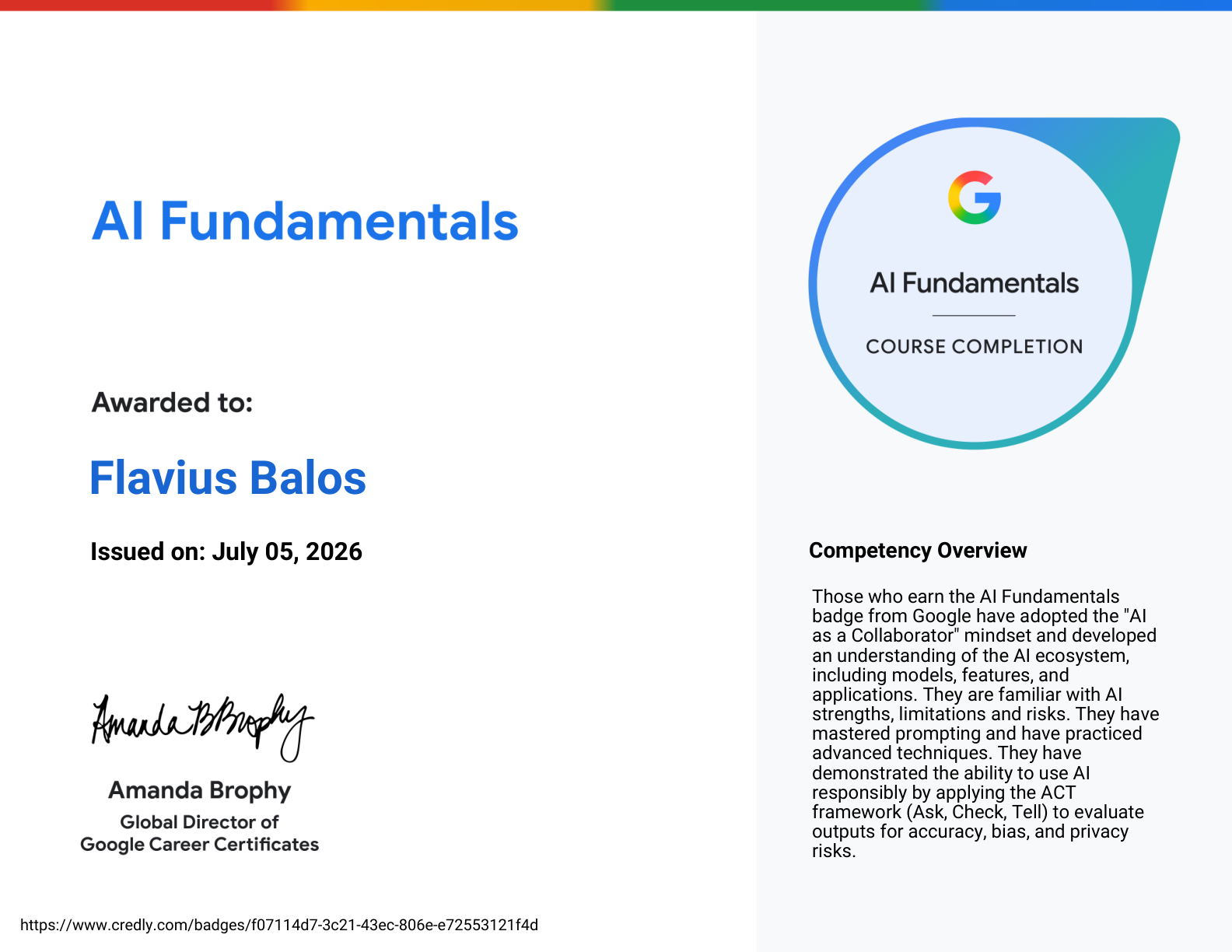 Certificat AI Fundamentals emis de Google - Flavius Balos, NextBuilders AI